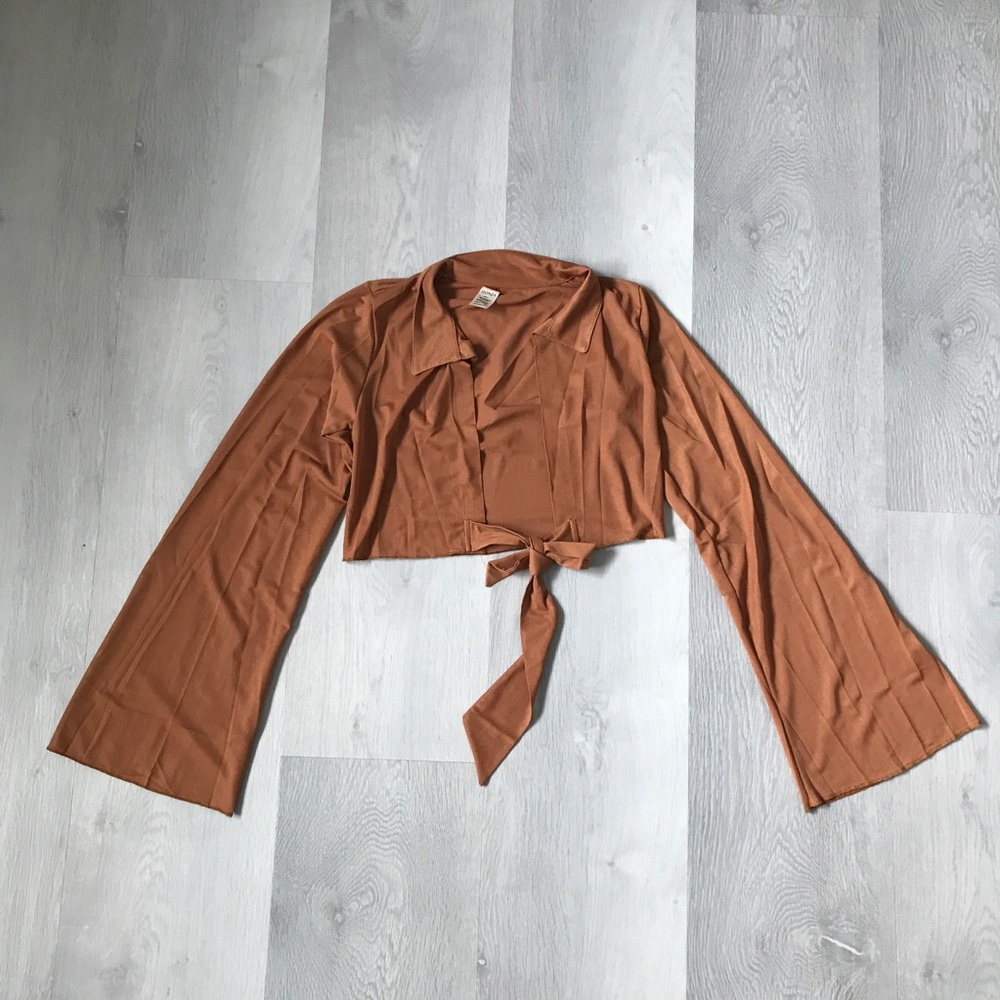 GONZA BROWN MESH LONG SLEEVE CROPPED TOP WOMENS SMALL